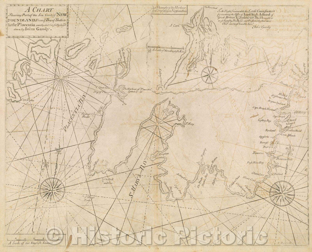 Historic Map : A Chart shewing part of the Sea Coast of New Foundland from ye Bay of Bulls to little Placentia exactly and carefully layed down by John Gaudy., 1773 , Vintage Wall Art