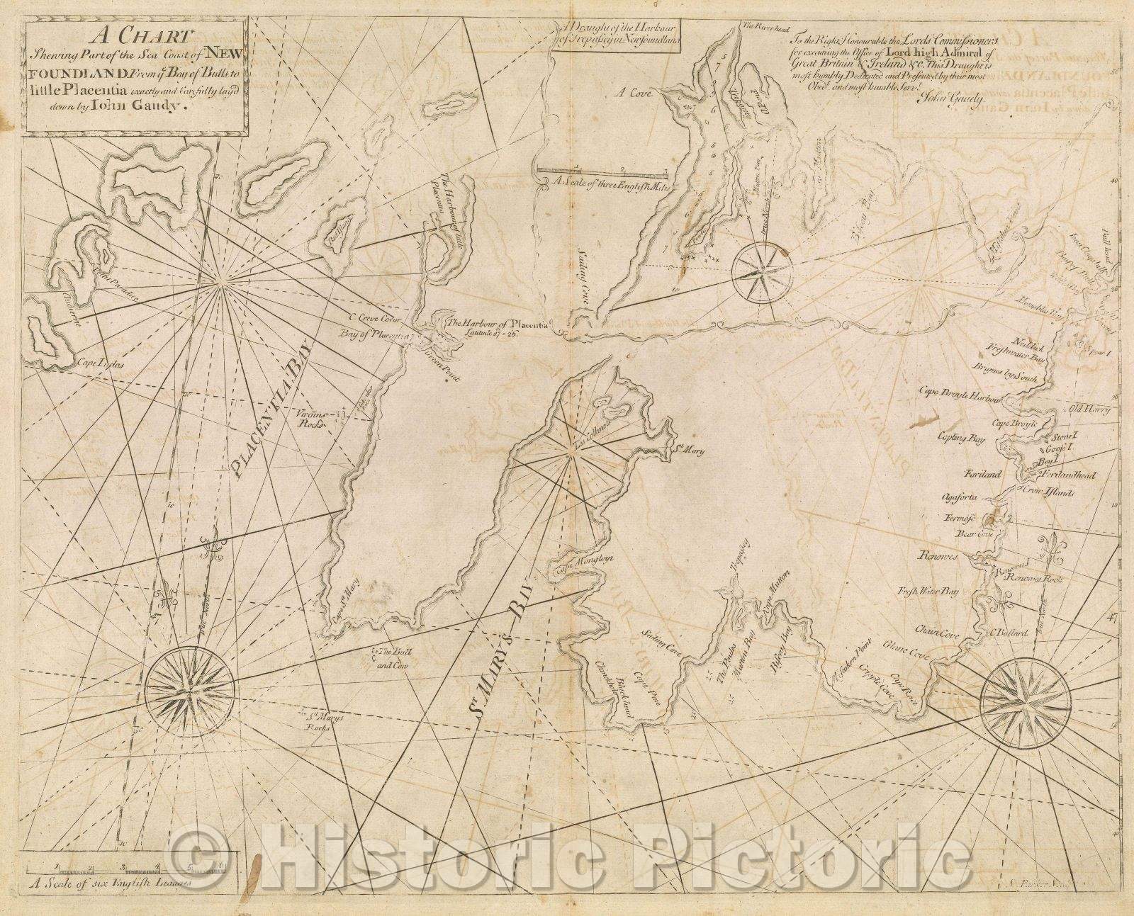 Historic Map : A Chart shewing part of the Sea Coast of New Foundland from ye Bay of Bulls to little Placentia exactly and carefully layed down by John Gaudy., 1773 , Vintage Wall Art