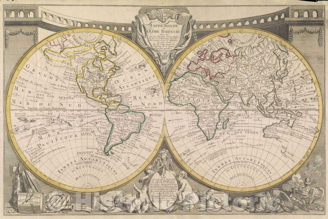 Historic Map : Mappemonde ou Globe Terestre dressee sur les nouvelles observations de Mrs. de l'Academie Royale des Sciences et sur les memoires Mr. l'Abbe Clouet, 1775 , Vintage Wall Art