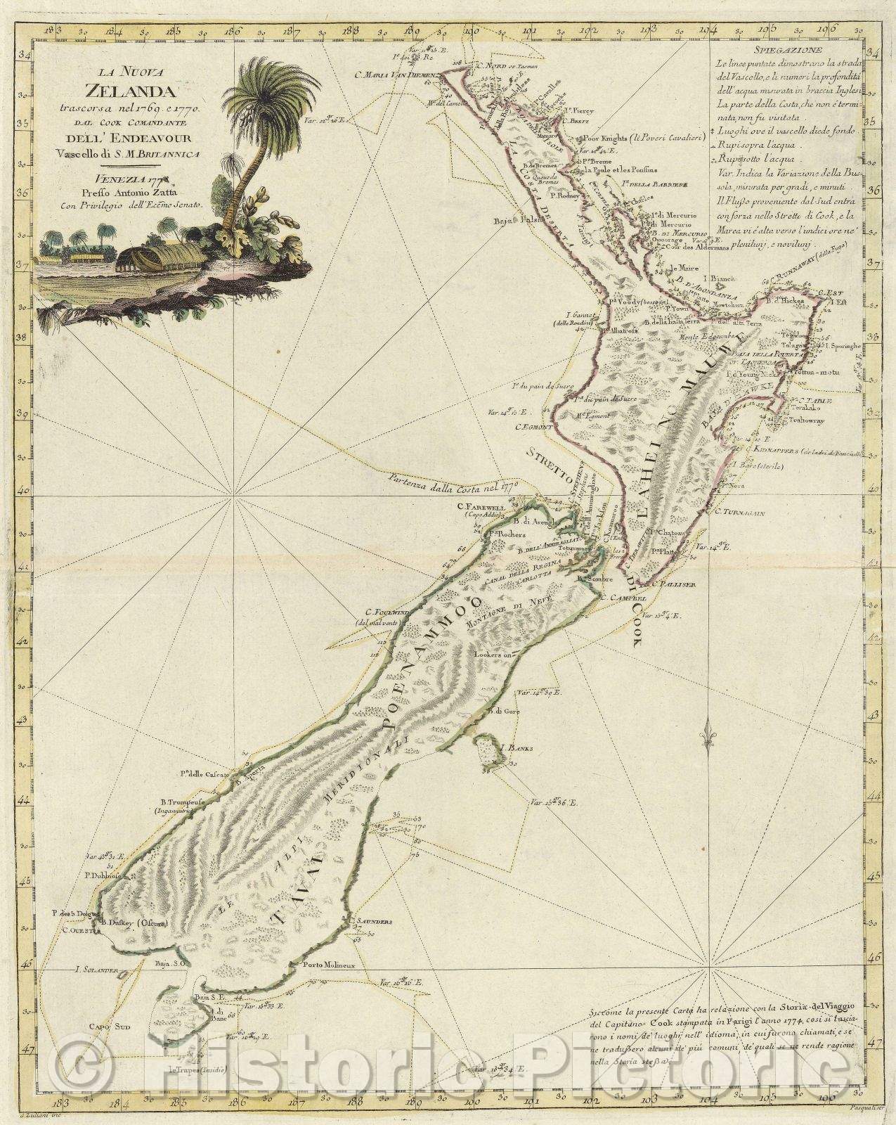 Historic Map : La Nuova Zelanda trascorsa nel 1769. e 1770. Dal Cook Comandante Dell'Endeavour Vascello di S. M. Britannica Venezia, 1778 , Vintage Wall Art
