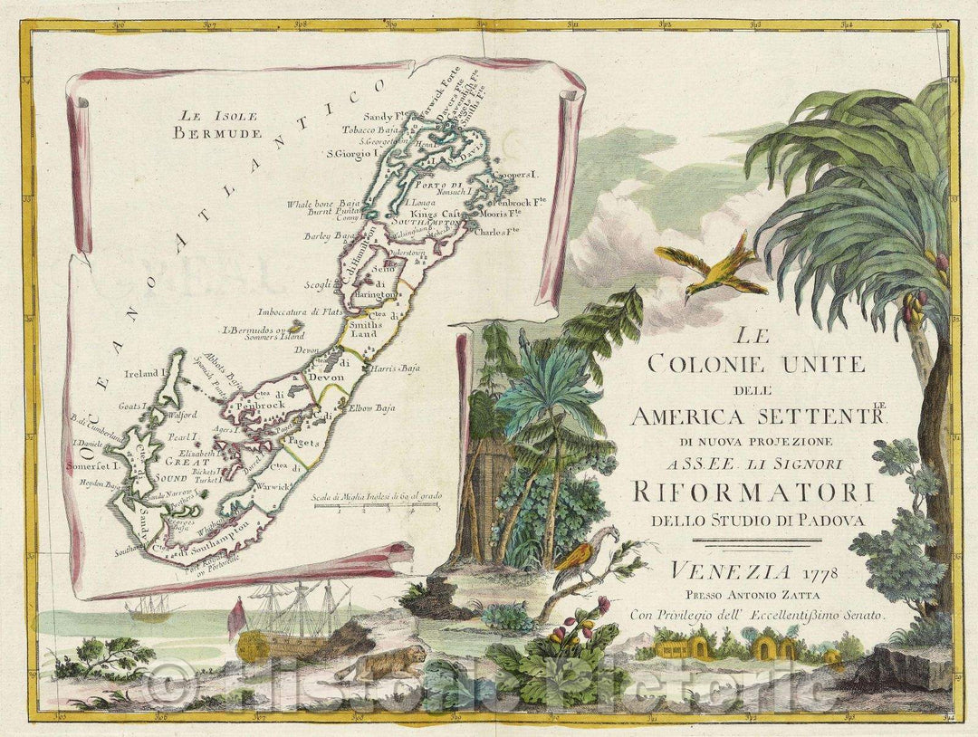 Historic Map : Le Colonie Unite Dell America Settentrle. di Nuova Projezione ass.ee. li Signori Riformatori dello studio di Padova Venezia, 1778 , Vintage Wall Art