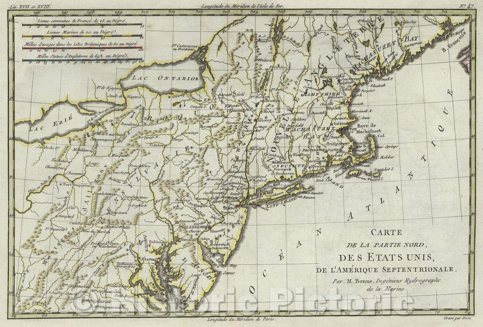 Historic Map : Carte de la Partie Nord, des Etats Unis, de l'Amerique Septentrionale. Par M. Bonne, Ingenieur Hydrographe de la Marine, 1780 , Vintage Wall Art