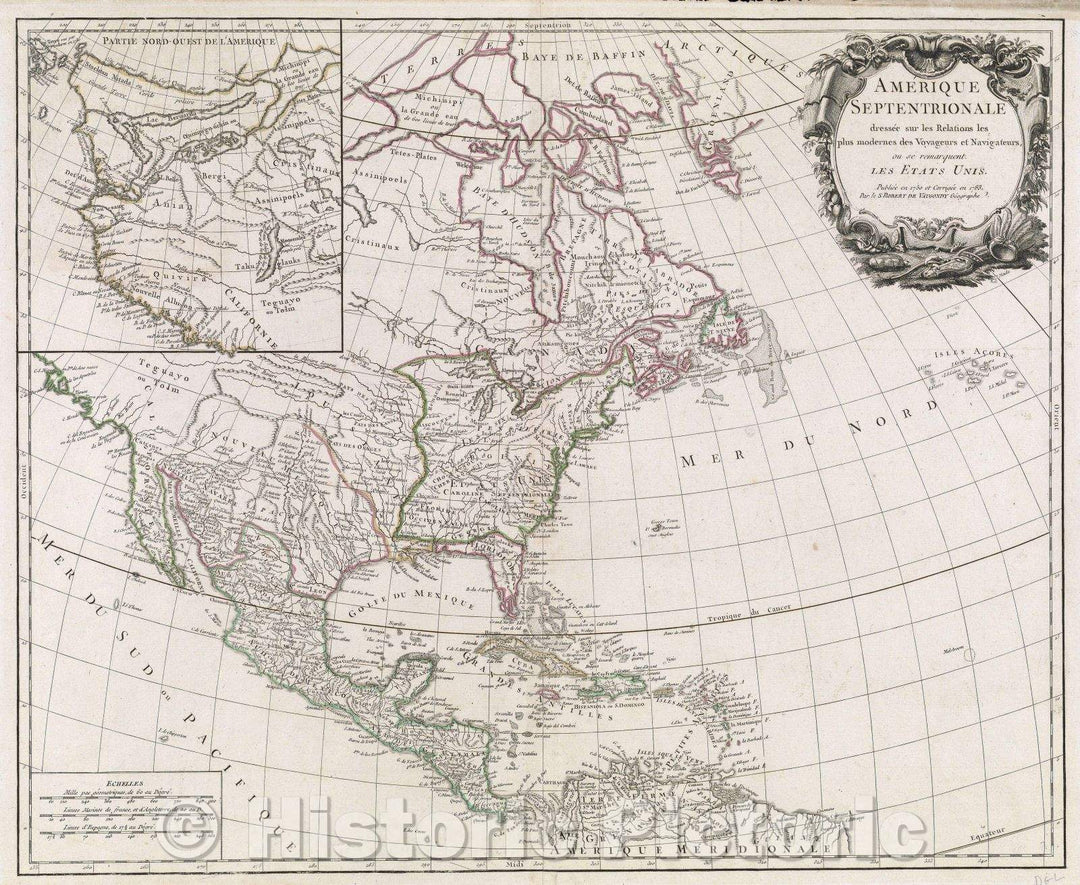 Historic Map : Amerique Septentrionale dressee sur les relations les plus modernes des Voyageurs et Navigateurs, ou se remarquent. Les Etats Unis. , 1783 , Vintage Wall Art