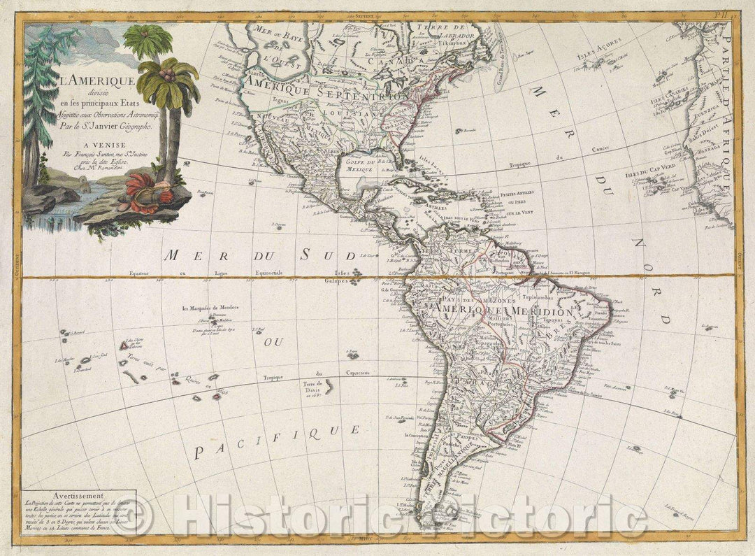Historic Map : L'Amerique divisee en ses Principaux Etats assujettie aux Observations Astronomiq. Par le S. Janvier Geographe. A Venise par Francois Santini rue Ste., 1784 , Vintage Wall Art