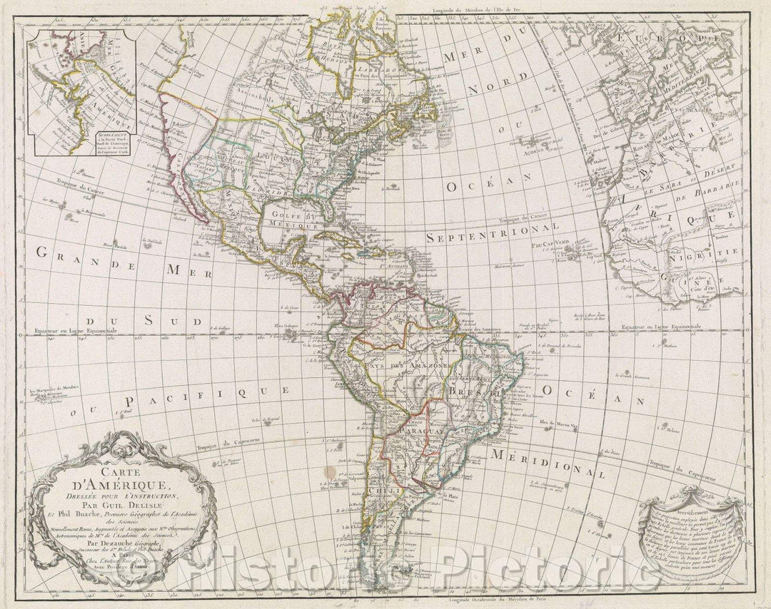 Historic Map : Carte d'Amerique dressee pour l'instruction, par Guil. Delisle et Phil. Buache, premiers Geographes de l'Academie des Sciences. Nouvellement, 1790 , Vintage Wall Art