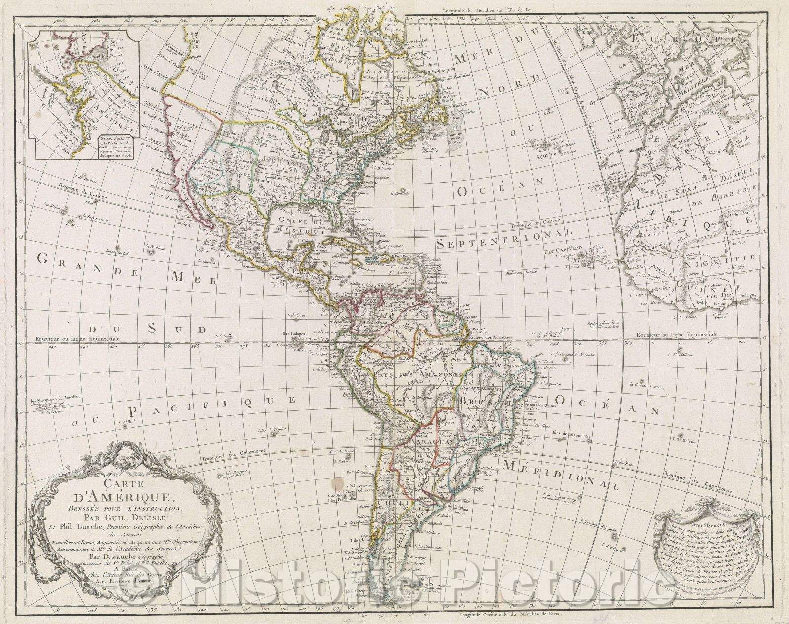 Historic Map : Carte d'Amerique dressee pour l'instruction, par Guil. Delisle et Phil. Buache, premiers Geographes de l'Academie des Sciences. Nouvellement, 1790 , Vintage Wall Art