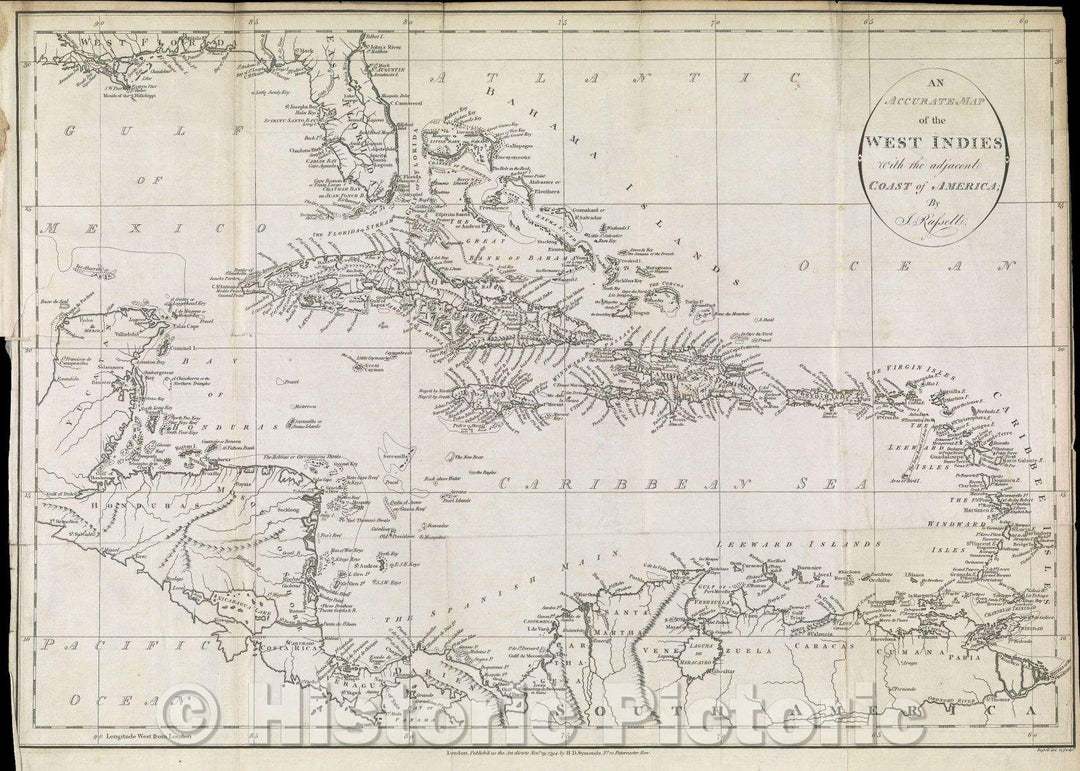 Historic Map : An Accurate Map of the West Indies with the adjacent coast of America; by J. Russell., 1794 , Vintage Wall Art , v2