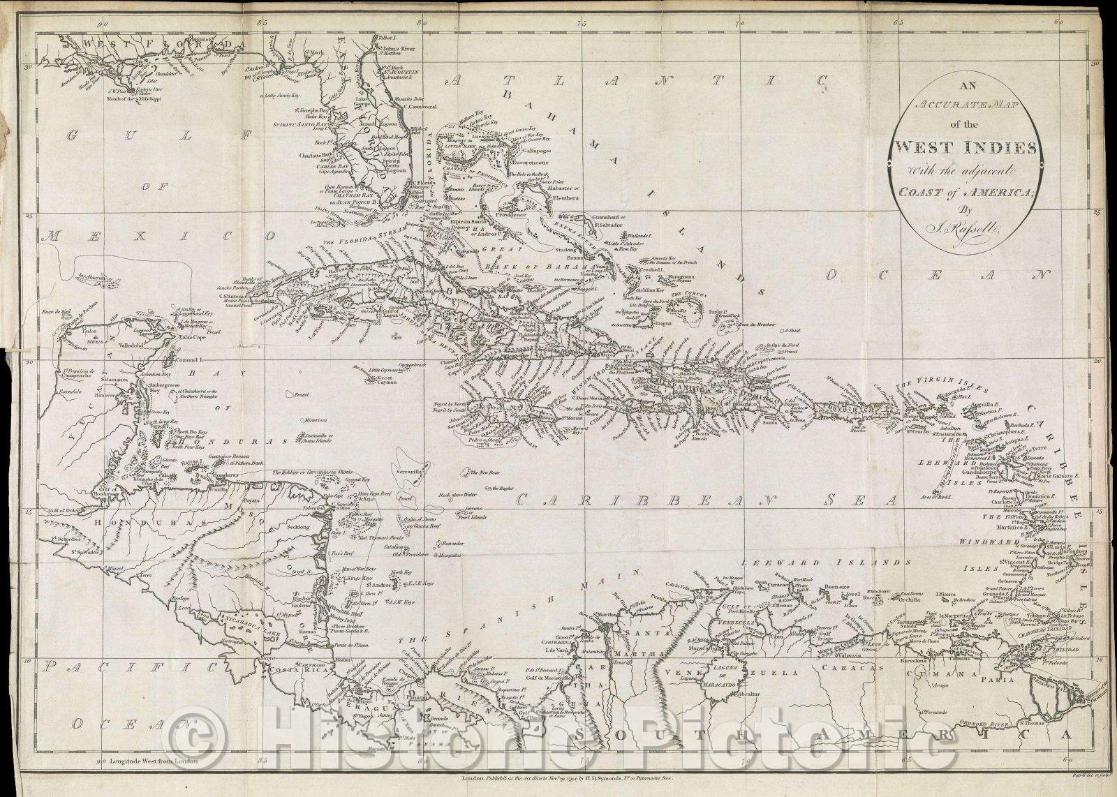 Historic Map : An Accurate Map of the West Indies with the adjacent coast of America; by J. Russell., 1794 , Vintage Wall Art , v2