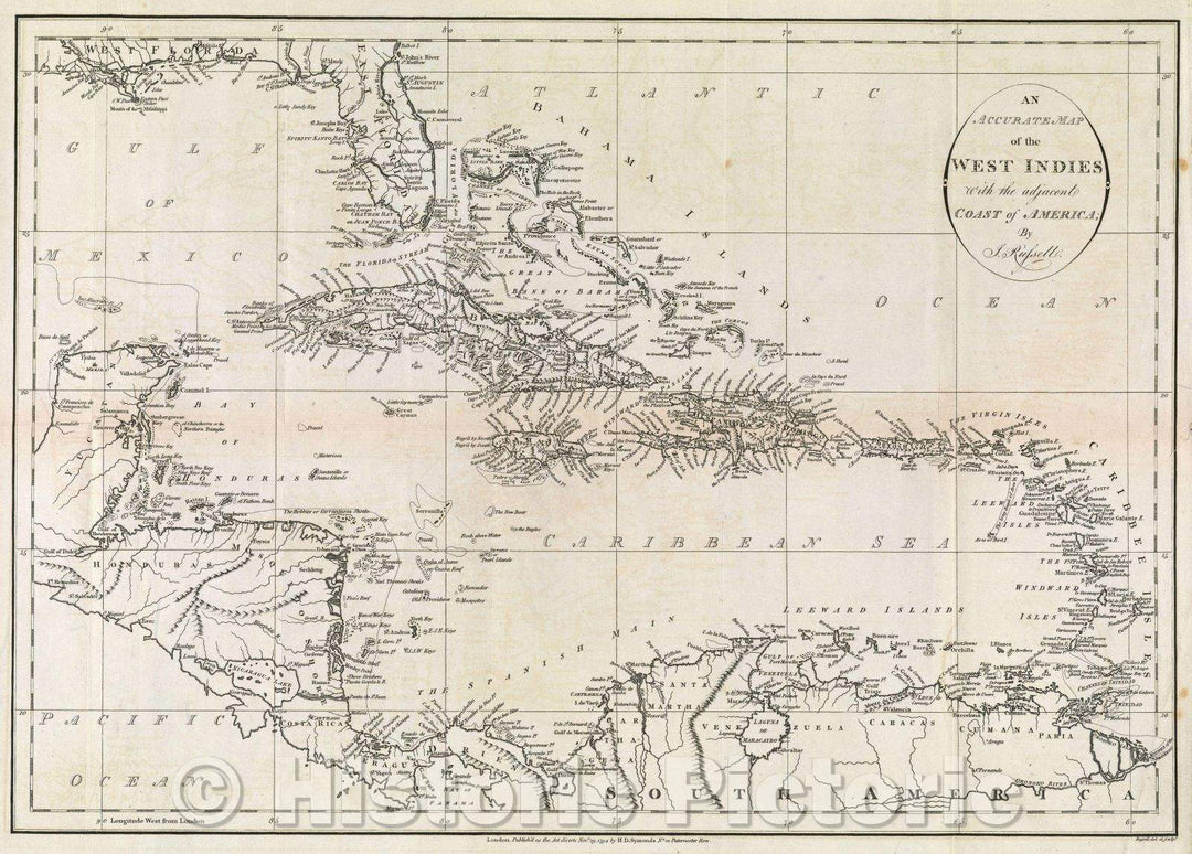 Historic Map : An Accurate Map of the West Indies with the adjacent coast of America; by J. Russell., 1794 , Vintage Wall Art