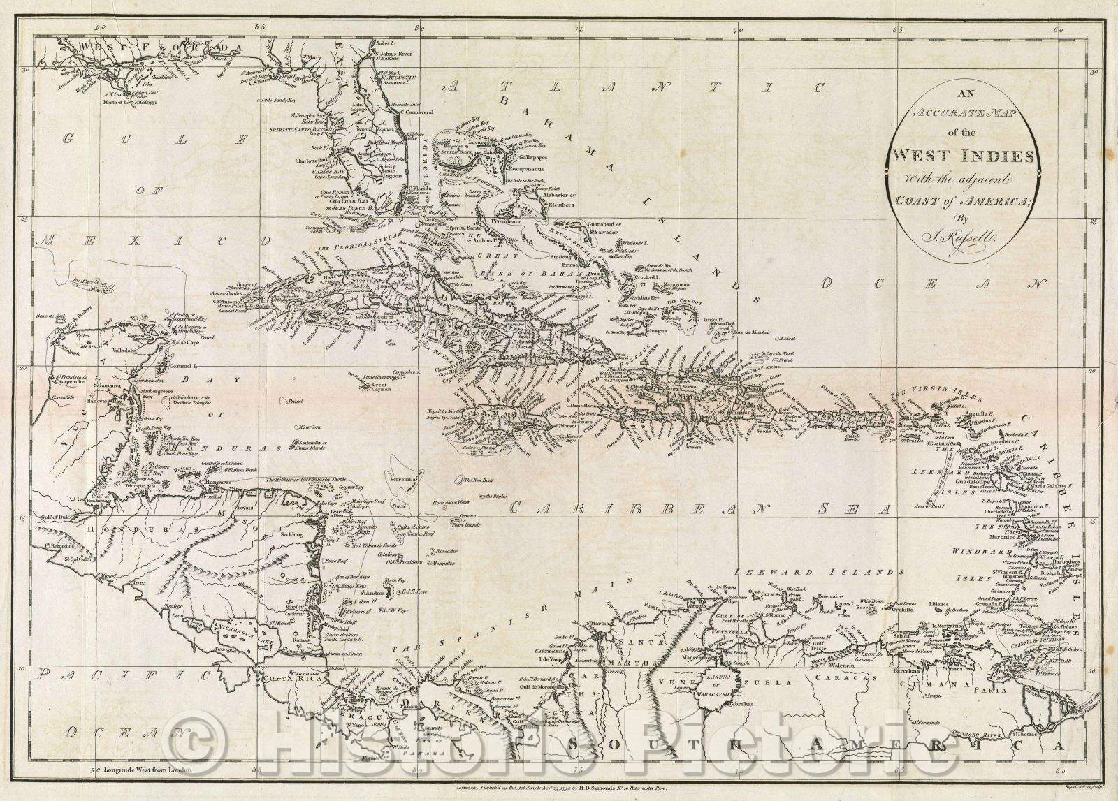 Historic Map : An Accurate Map of the West Indies with the adjacent coast of America; by J. Russell., 1794 , Vintage Wall Art