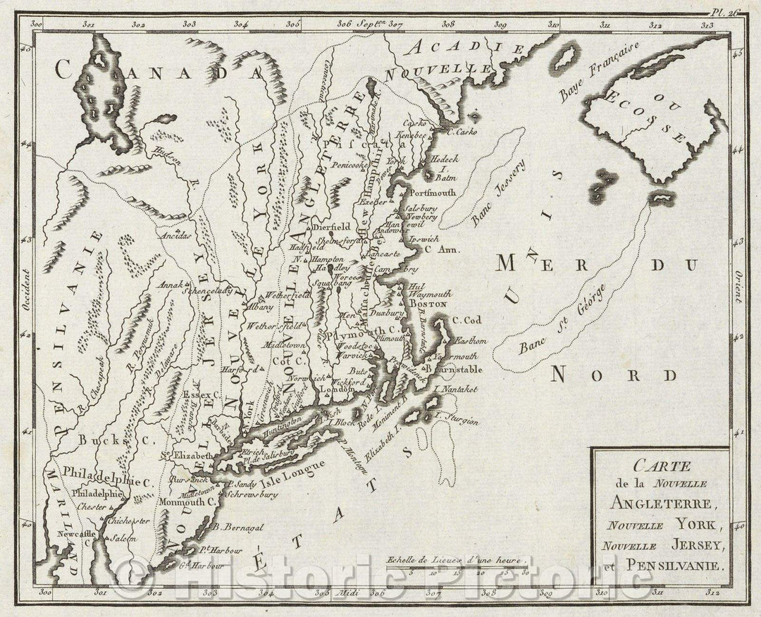 Historic Map : Carte de la Nouvelle Angleterre, Nouvelle York, Nouvelle Jersey, et Pensilvanie., 1799 , Vintage Wall Art