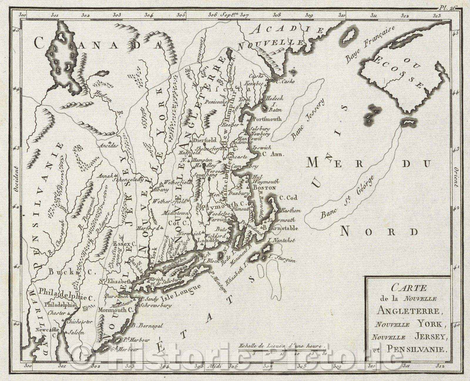 Historic Map : Carte de la Nouvelle Angleterre, Nouvelle York, Nouvelle Jersey, et Pensilvanie., 1799 , Vintage Wall Art
