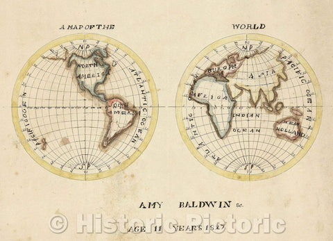 Historic Map : A Map of the World Amy Baldwin Sc. Age 11 Years 1827, 1827 , Vintage Wall Art
