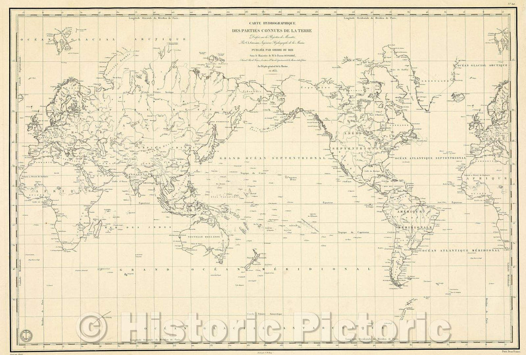 Historic Map : Carte Hydrographique des Parties Connues de la Terre Dressee sur la Projection de Mercator, par C.L. Gressier, Ingenieur Hydrographique de la Marine., 1835 , Vintage Wall Art