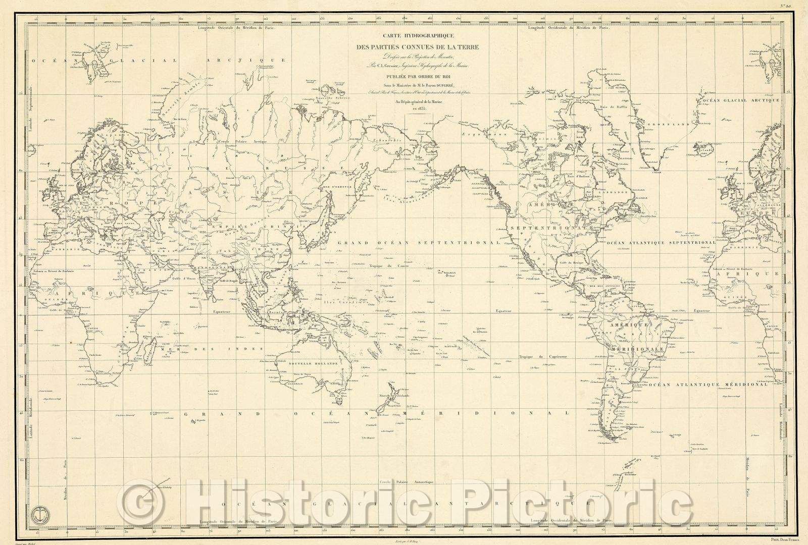 Historic Map : Carte Hydrographique des Parties Connues de la Terre Dressee sur la Projection de Mercator, par C.L. Gressier, Ingenieur Hydrographique de la Marine., 1835 , Vintage Wall Art