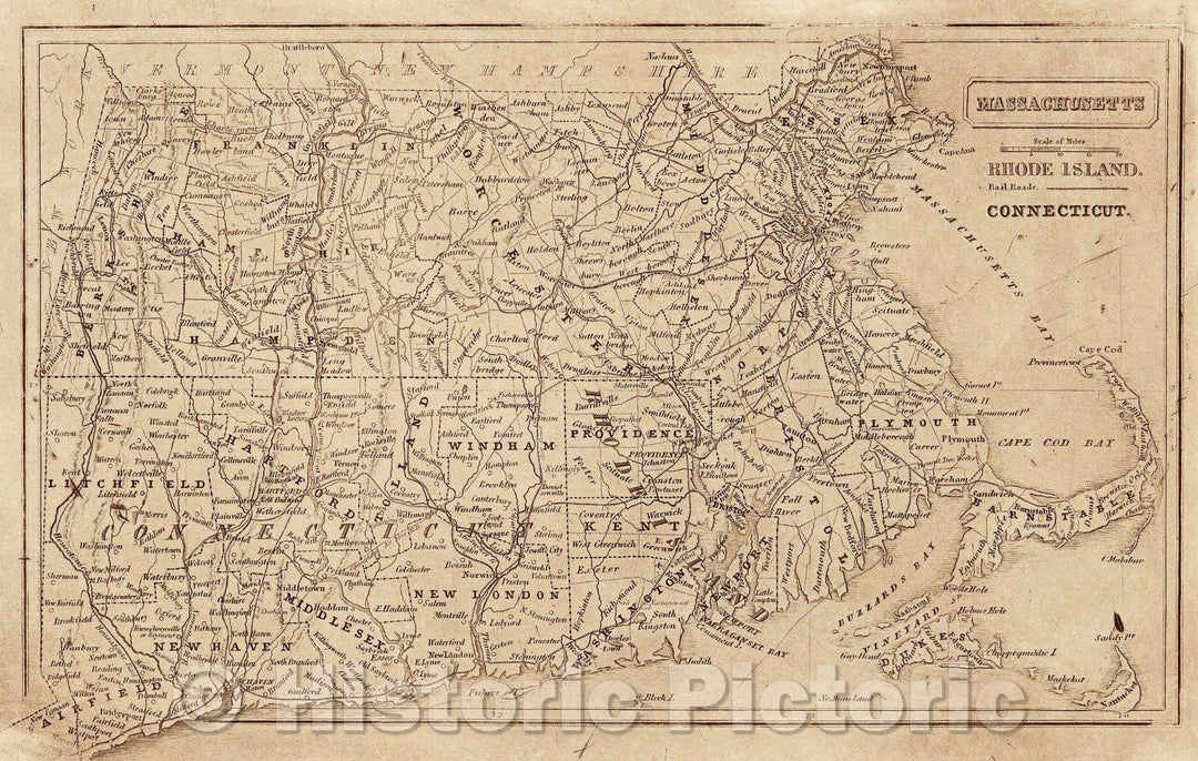 Historic Map : Massachusetts Rhode Island. Connecticut., c. 1840 , Vintage Wall Art