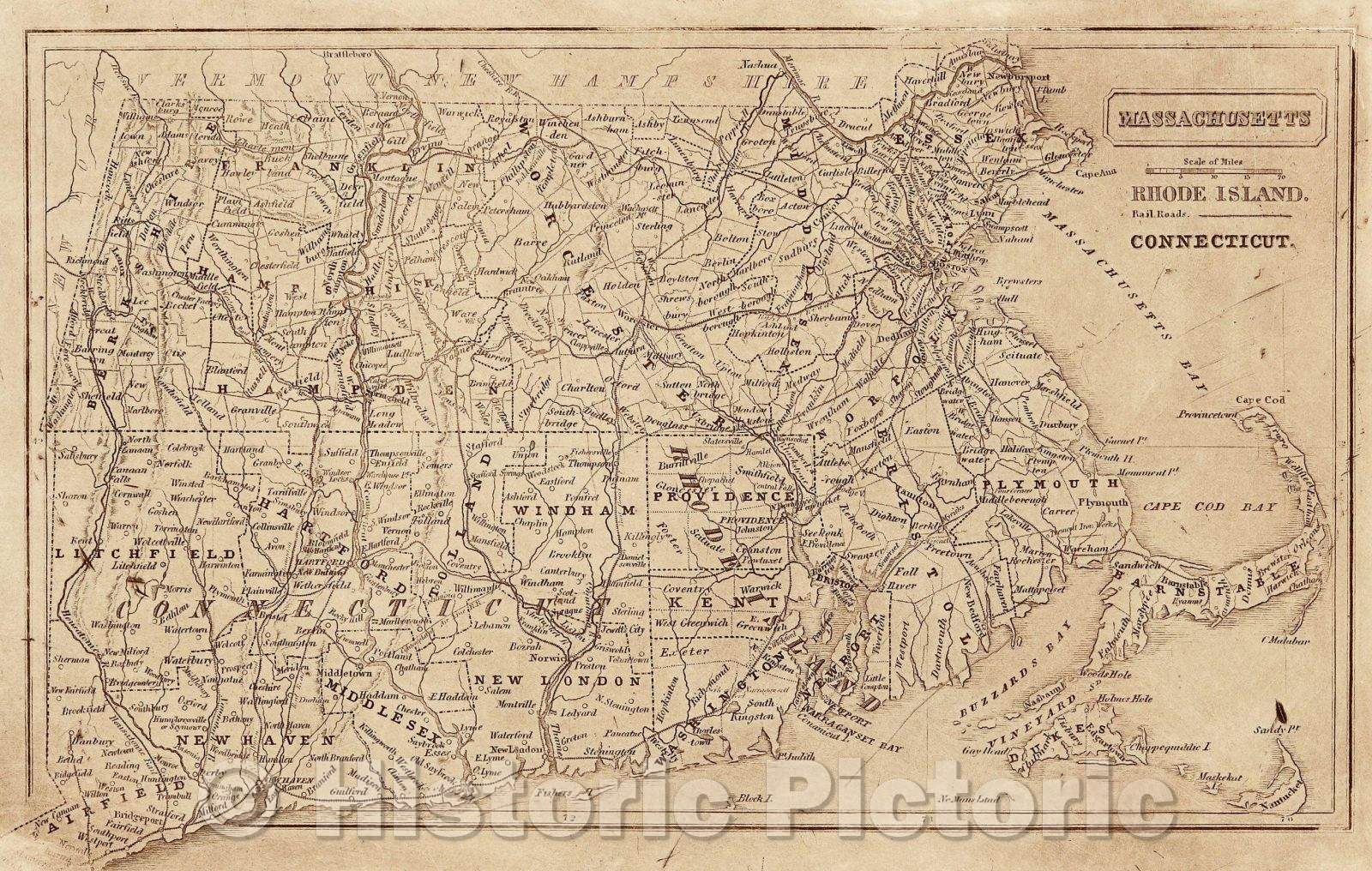 Historic Map : Massachusetts Rhode Island. Connecticut., c. 1840 , Vintage Wall Art