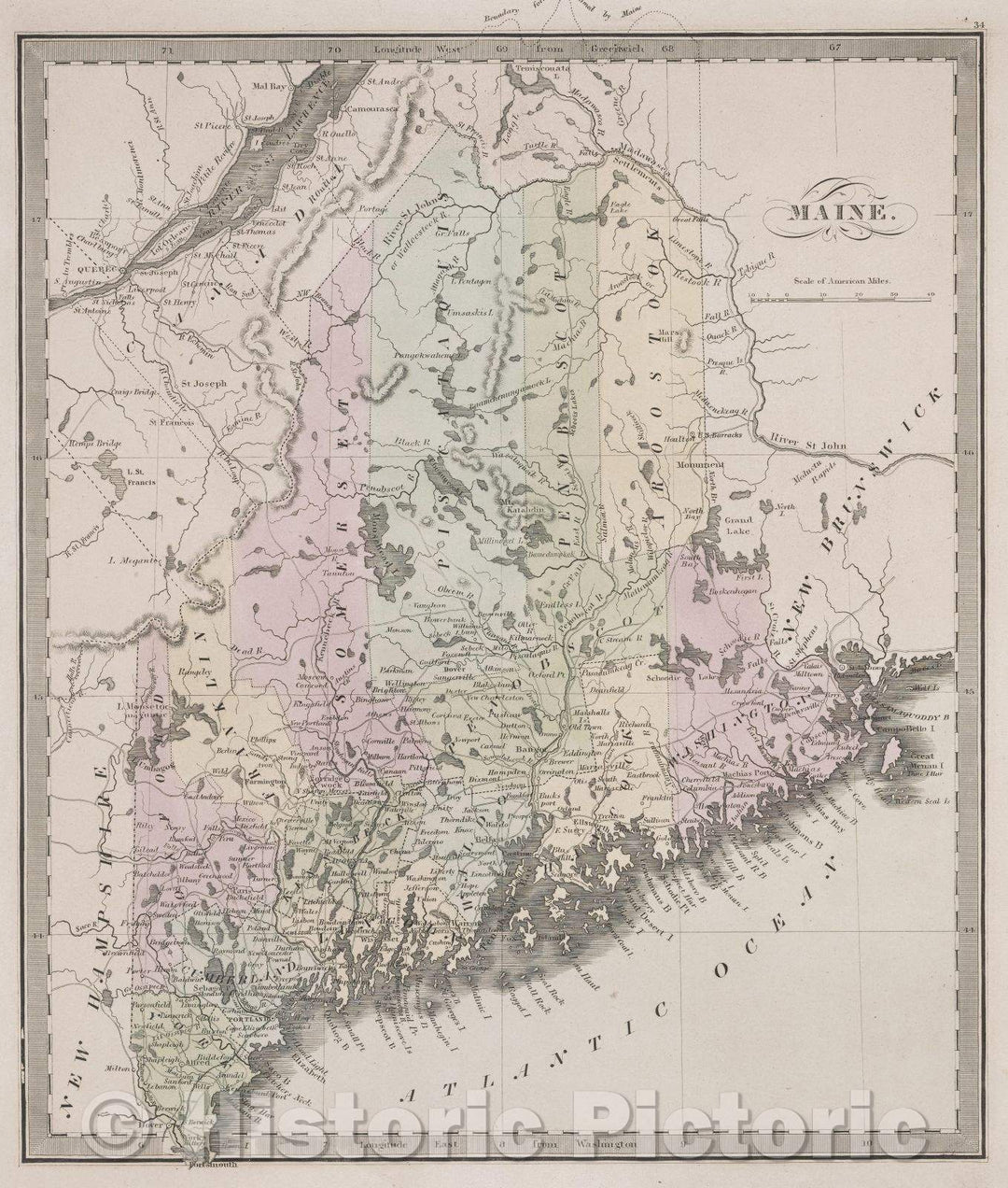 Historic Map : Maine, 1848 , Vintage Wall Art