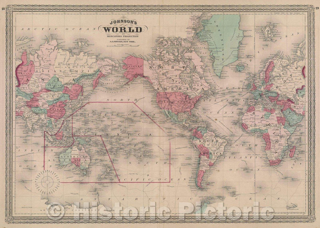 Historic Map : Johnson's World on Mercators Projection Published by A.J. Johnson New York, 1865 , Vintage Wall Art