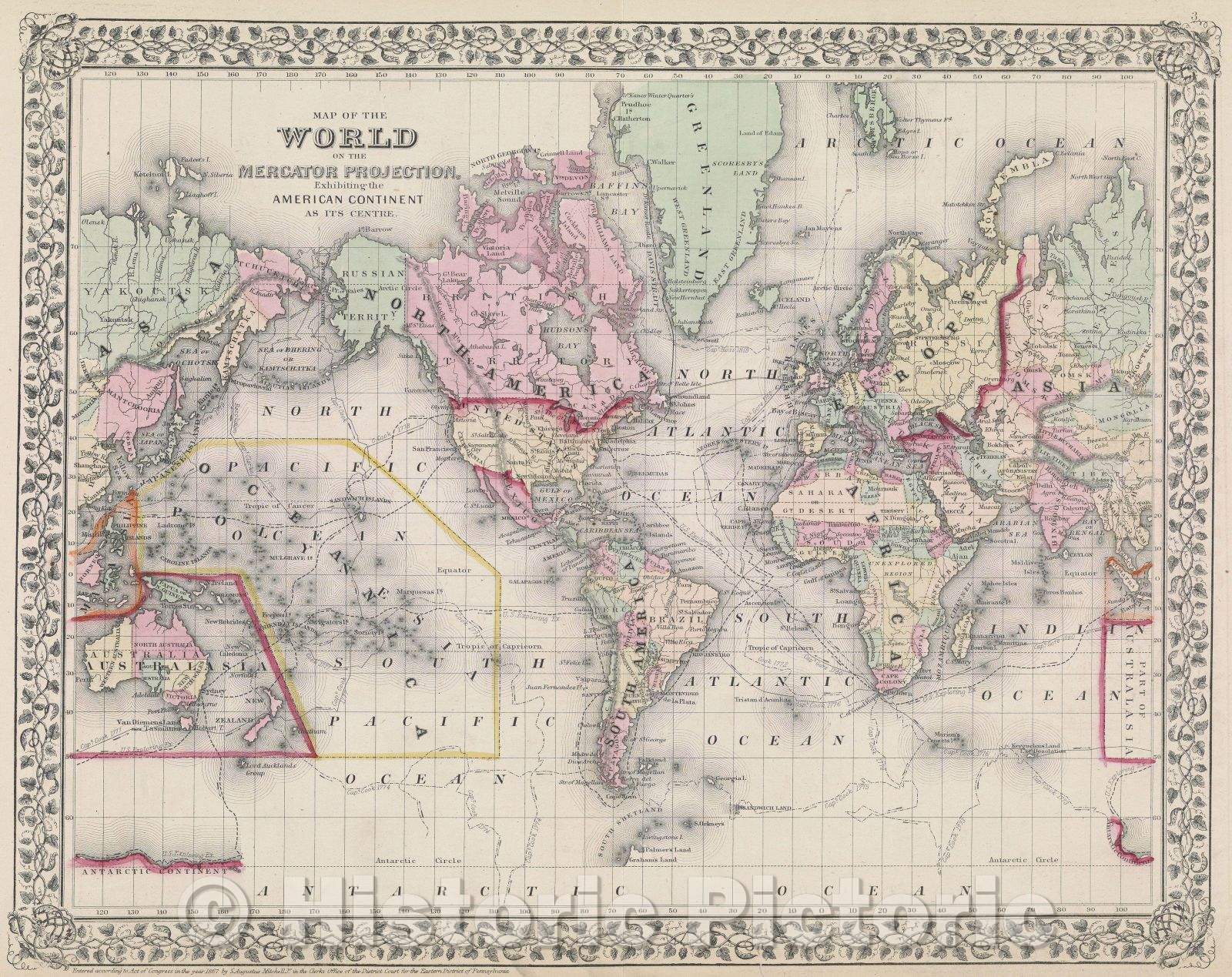 Historic Map : Map of the World on the Mercator Projection Exhibiting the American Continent as its Centre, 1867 , Vintage Wall Art
