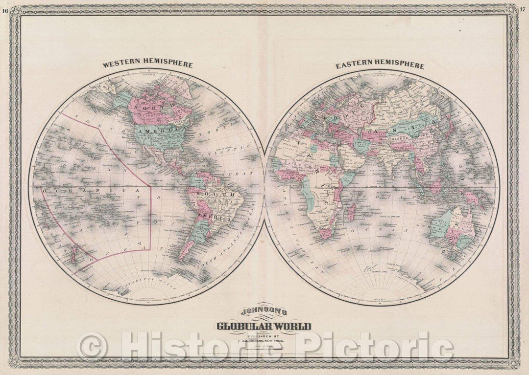 Historic Map : Johnson's Globular World Published by A.J Johnson, New York, 1867 , Vintage Wall Art