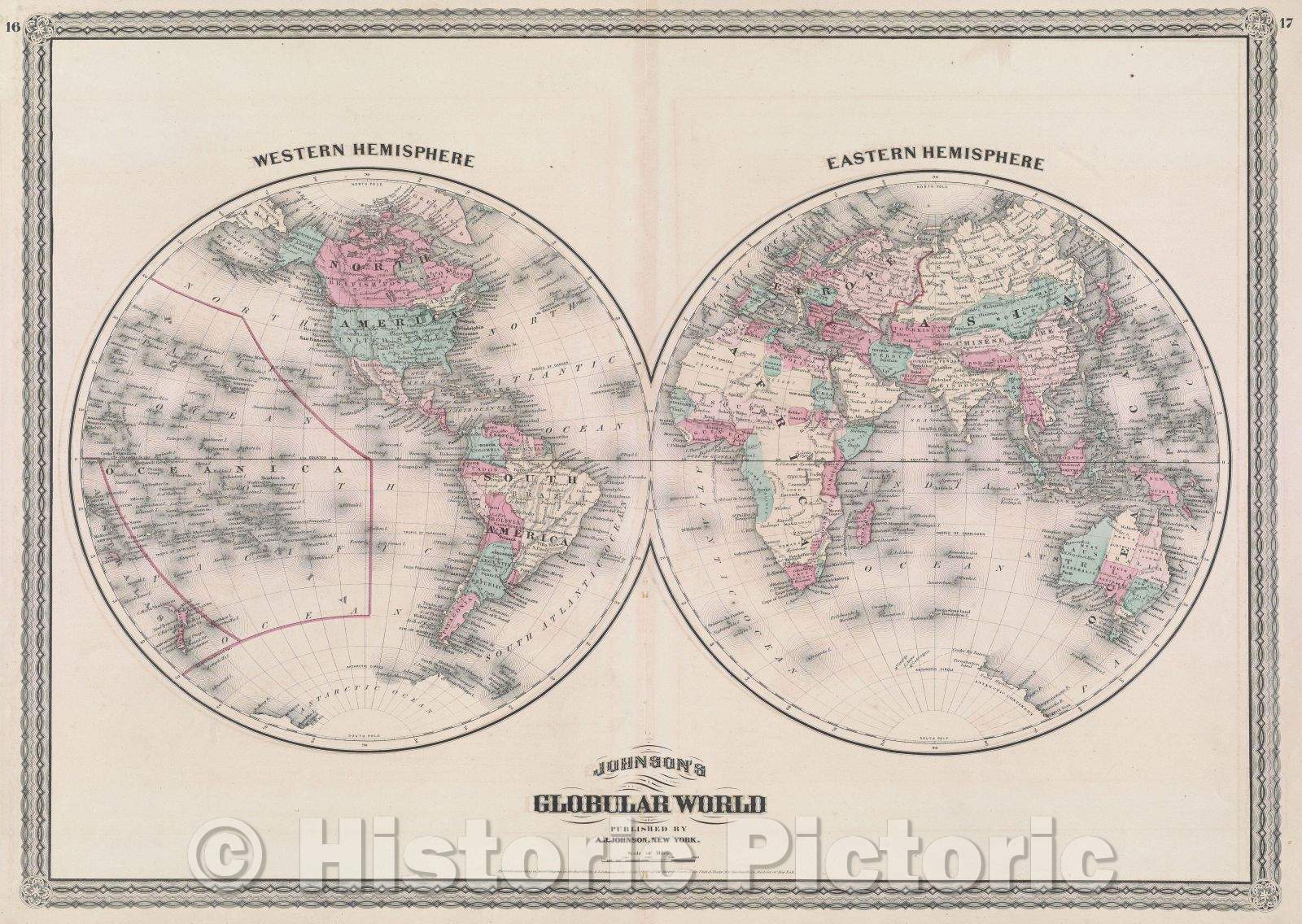Historic Map : Johnson's Globular World Published by A.J Johnson, New York, 1867 , Vintage Wall Art