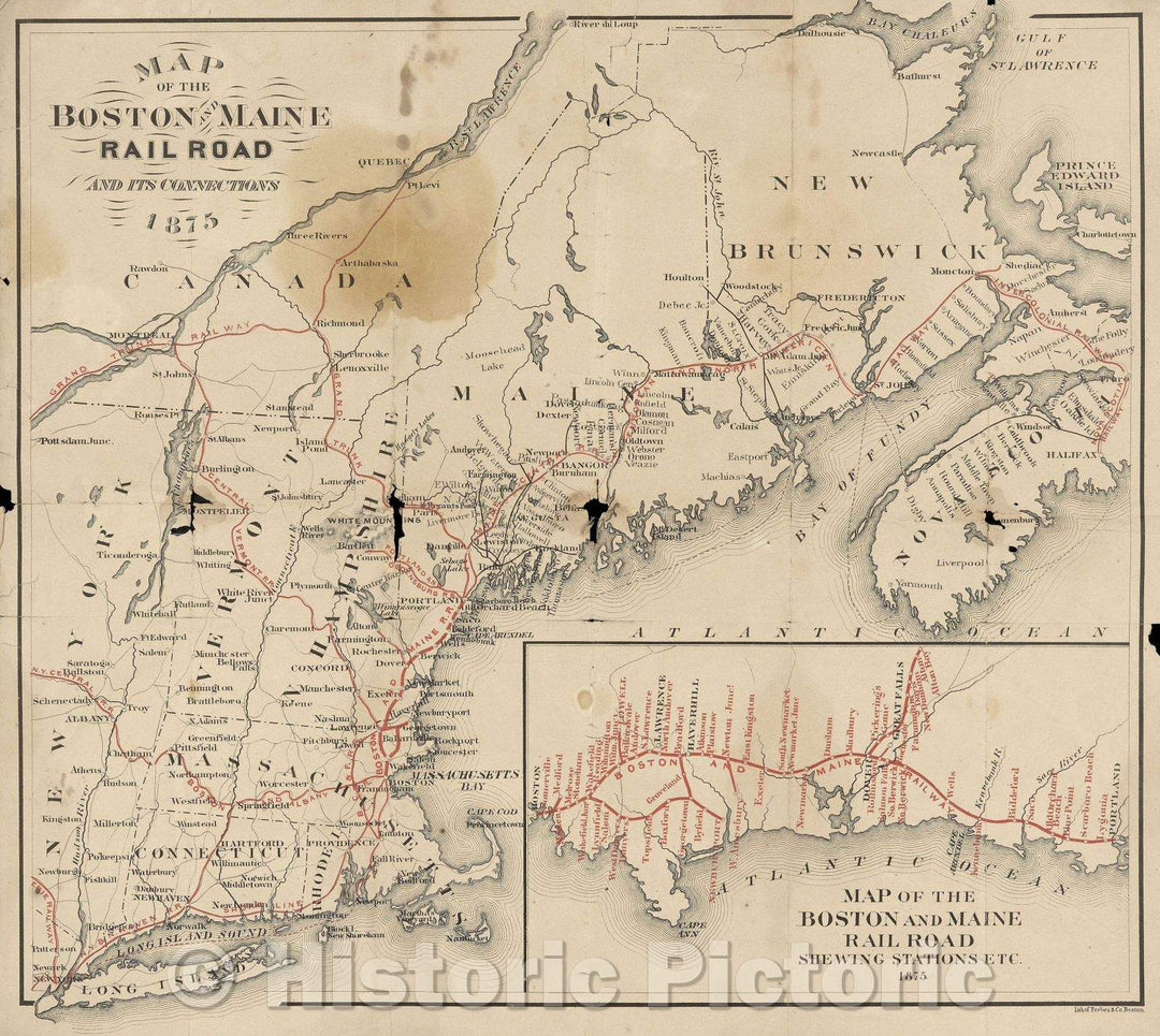 Historic Map : Map of the Boston and Maine Railroad and its Connections  1875, 1875 , Vintage Wall Art