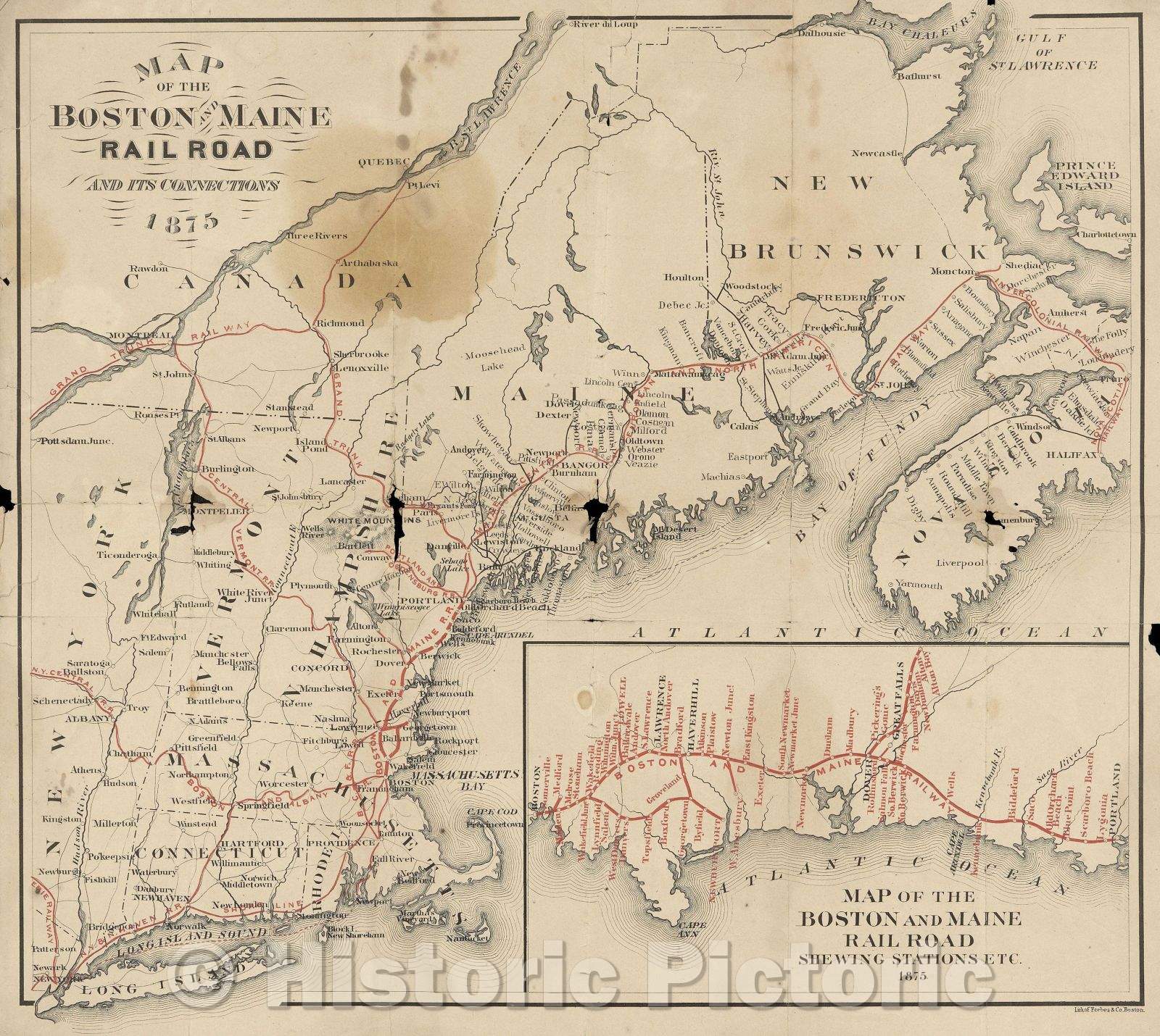 Historic Map : Map of the Boston and Maine Railroad and its Connections  1875, 1875 , Vintage Wall Art