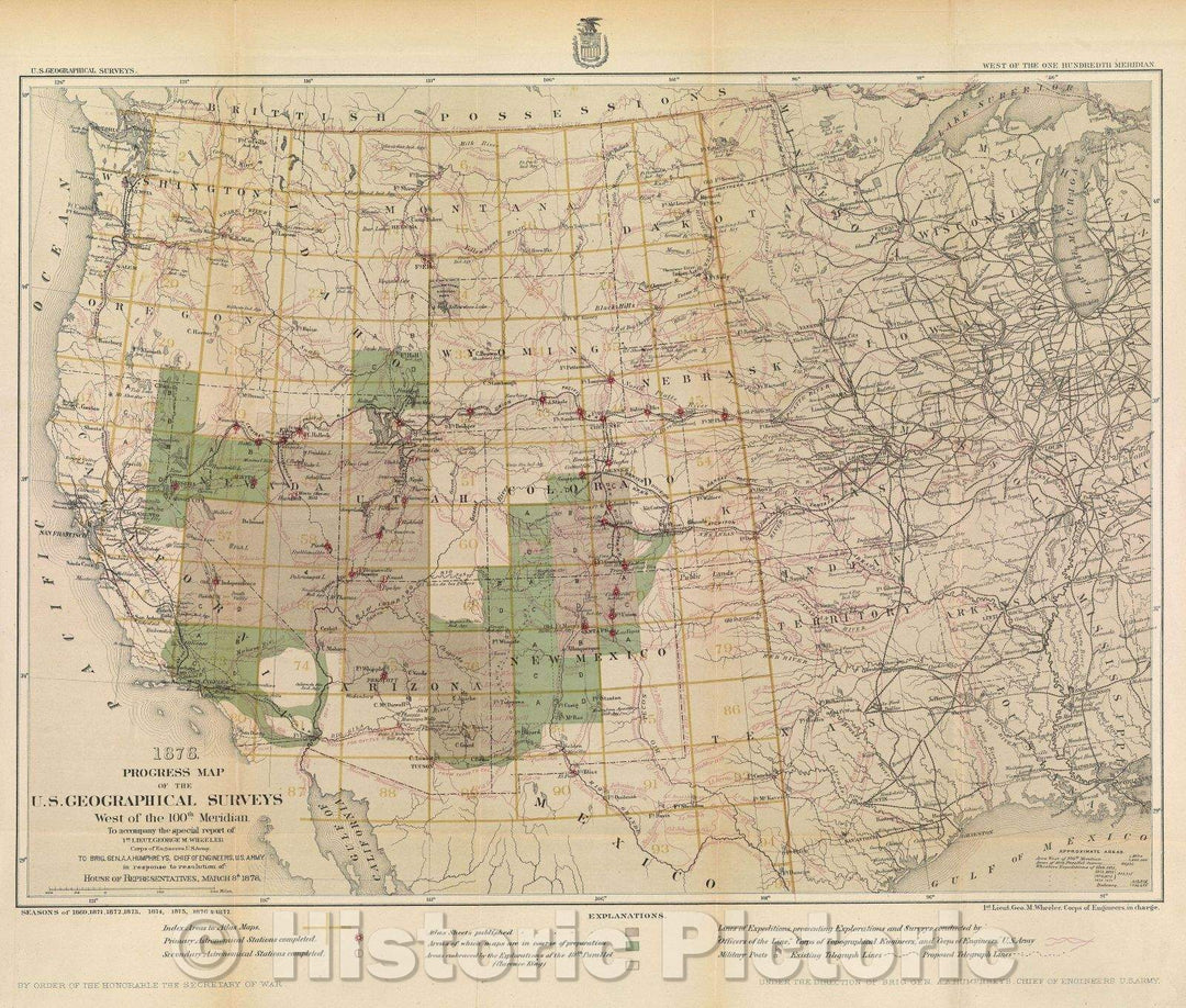 Historic Map : 1878 Progress map of the U.S. Geographical Surveys West of the 100th Meridian, 1878 , Vintage Wall Art