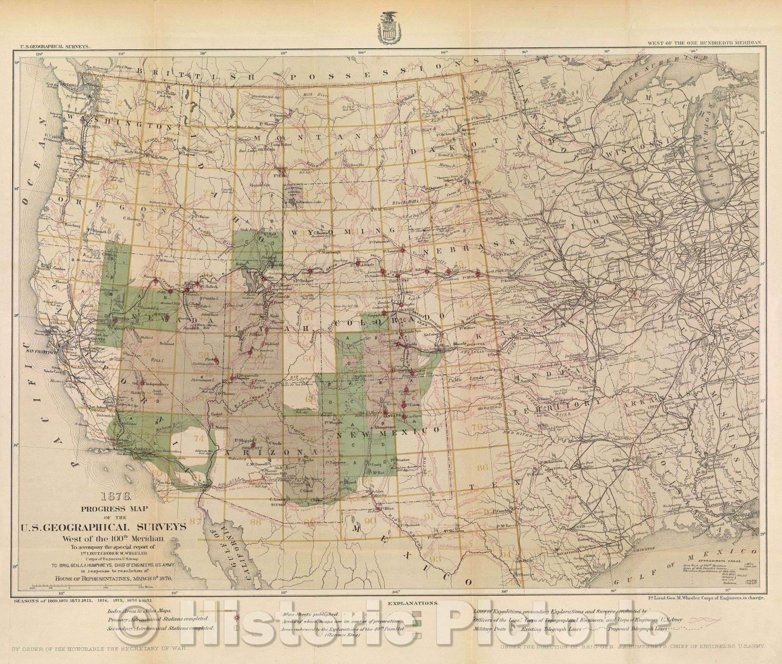 Historic Map : 1878 Progress map of the U.S. Geographical Surveys West of the 100th Meridian, 1878 , Vintage Wall Art