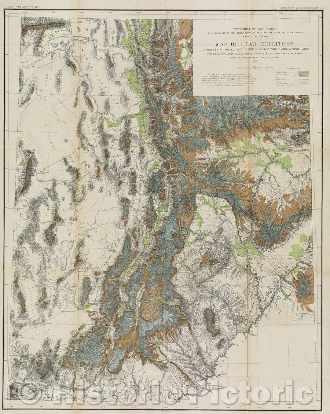 Historic Map : Map of Utah territory representing the extent of the irrigable, timber and pasture lands  , 1878 , Vintage Wall Art
