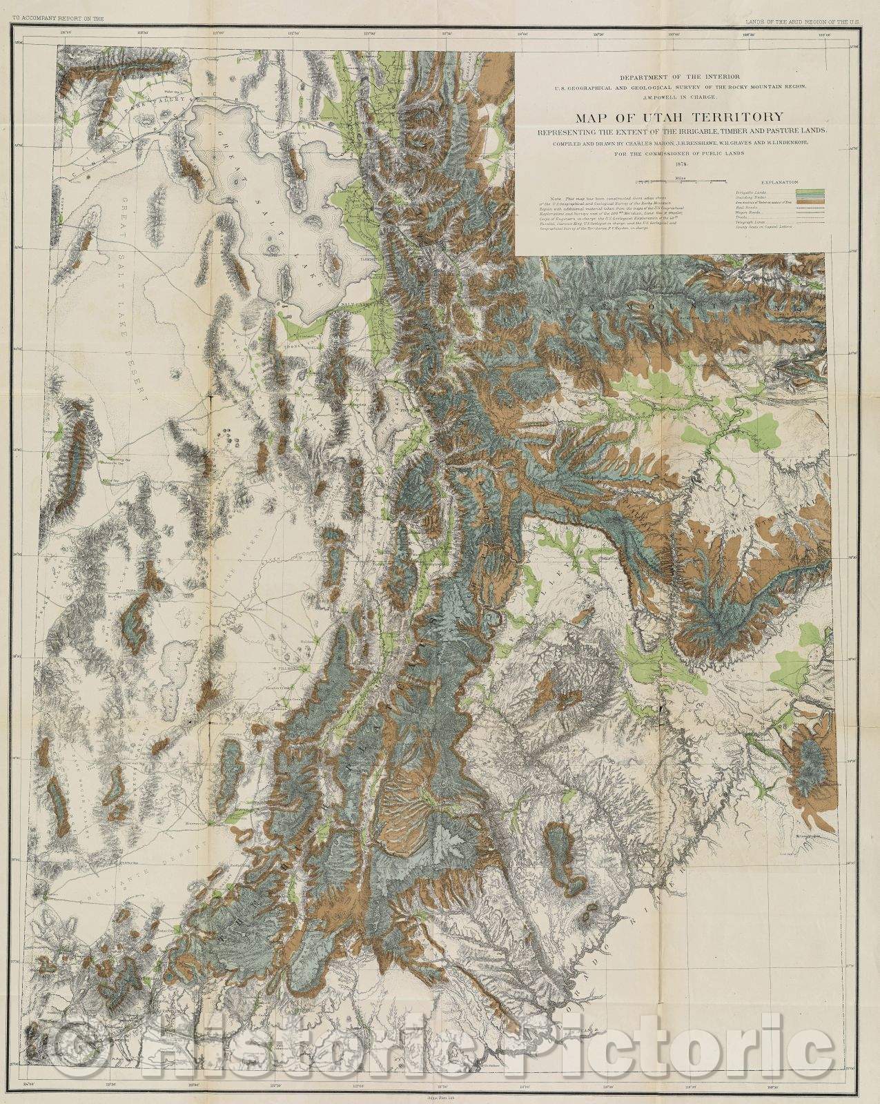 Historic Map : Map of Utah territory representing the extent of the irrigable, timber and pasture lands  , 1878 , Vintage Wall Art