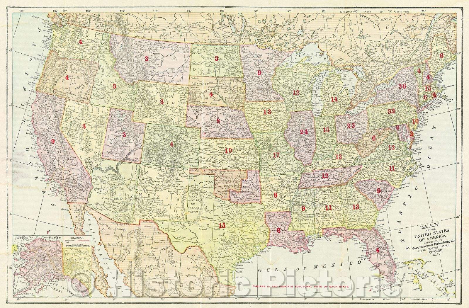 Historic Map : Map of the United States of America Copyright by Fort Dearborn Publishing Co. 415-417 Dearborn Street Chicago Ills., 1900 , Vintage Wall Art