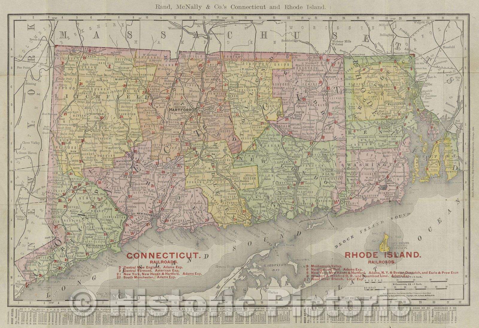Historic Map : Rand, McNally and Co.'s Connecticut and Rhode Island, c. 1896 , Vintage Wall Art