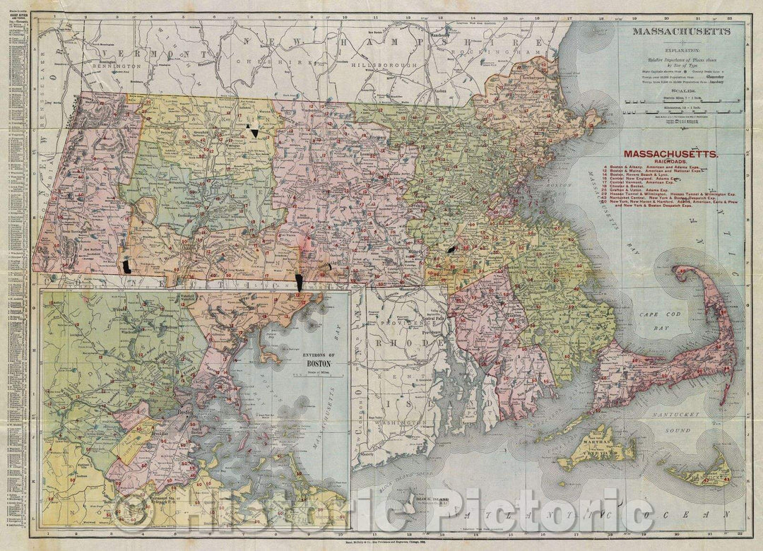 Historic Map : Massachusetts, c. 1905 , Vintage Wall Art
