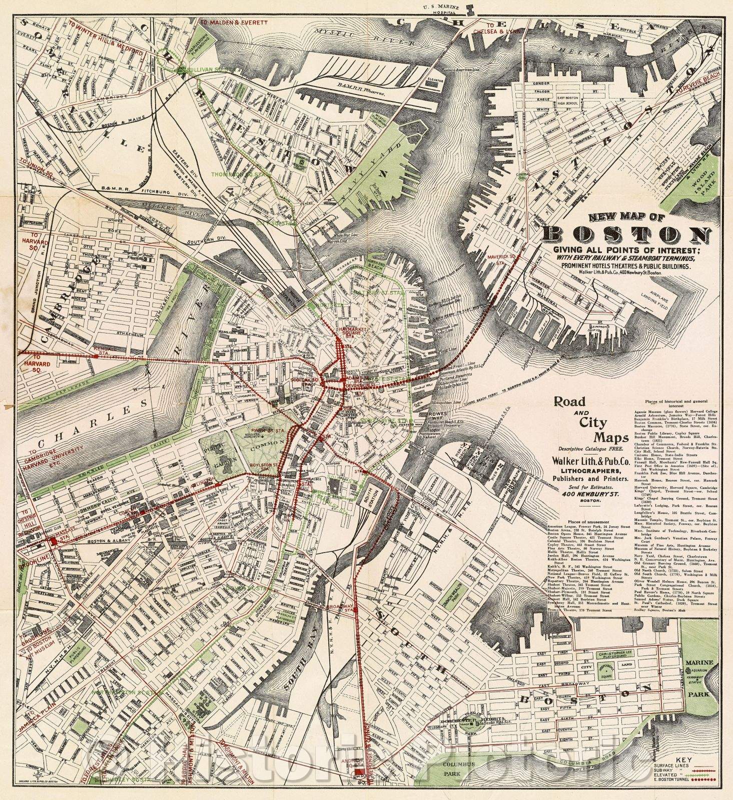 Historic Map : New Map of Boston giving all points of interest, 1910 , Vintage Wall Art , v2