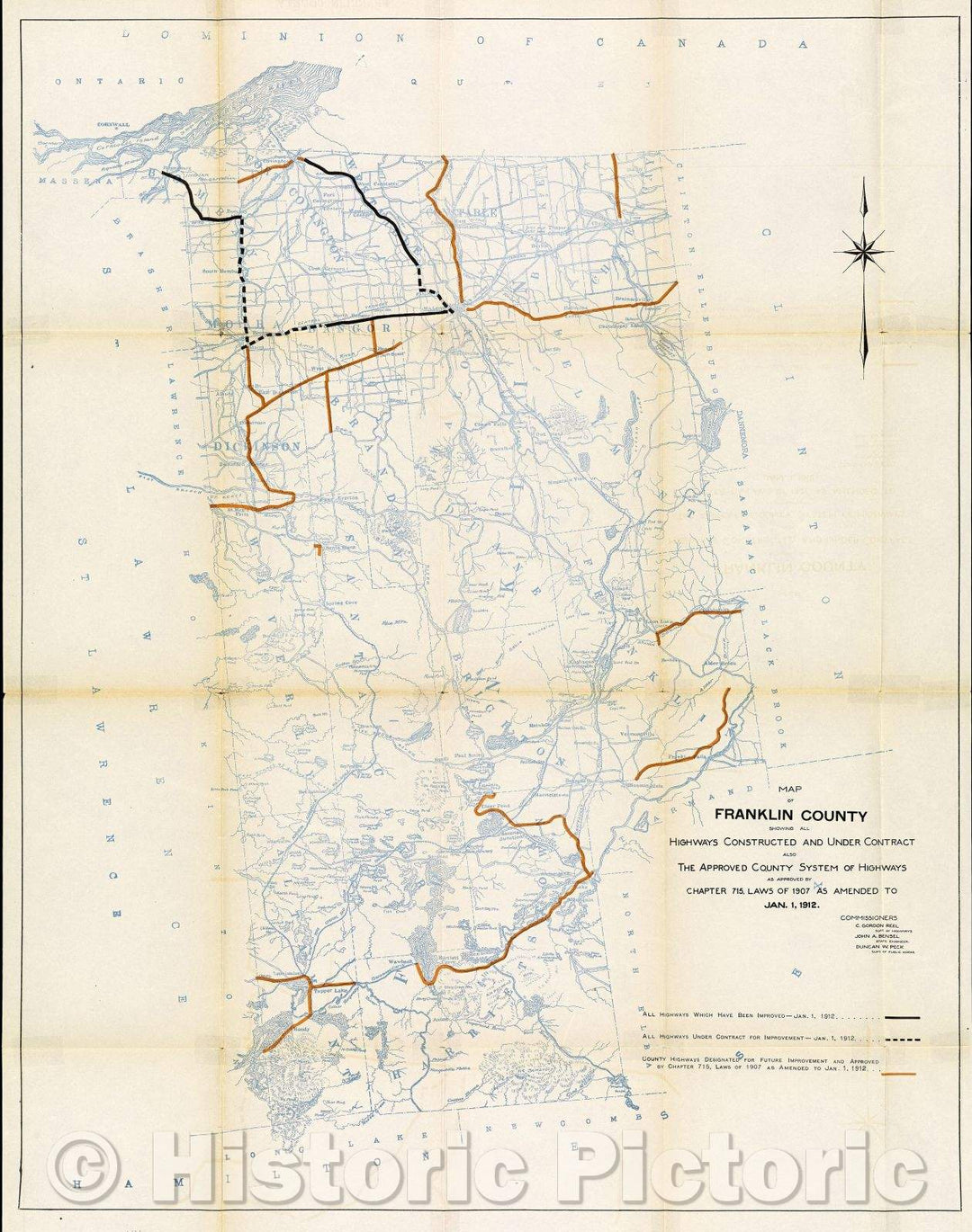 Historic Map : Map of Franklin County showing all highways constructed and under contract also the Approved County System of Highways as approved by Chapter 715, 1912 , Vintage Wall Art