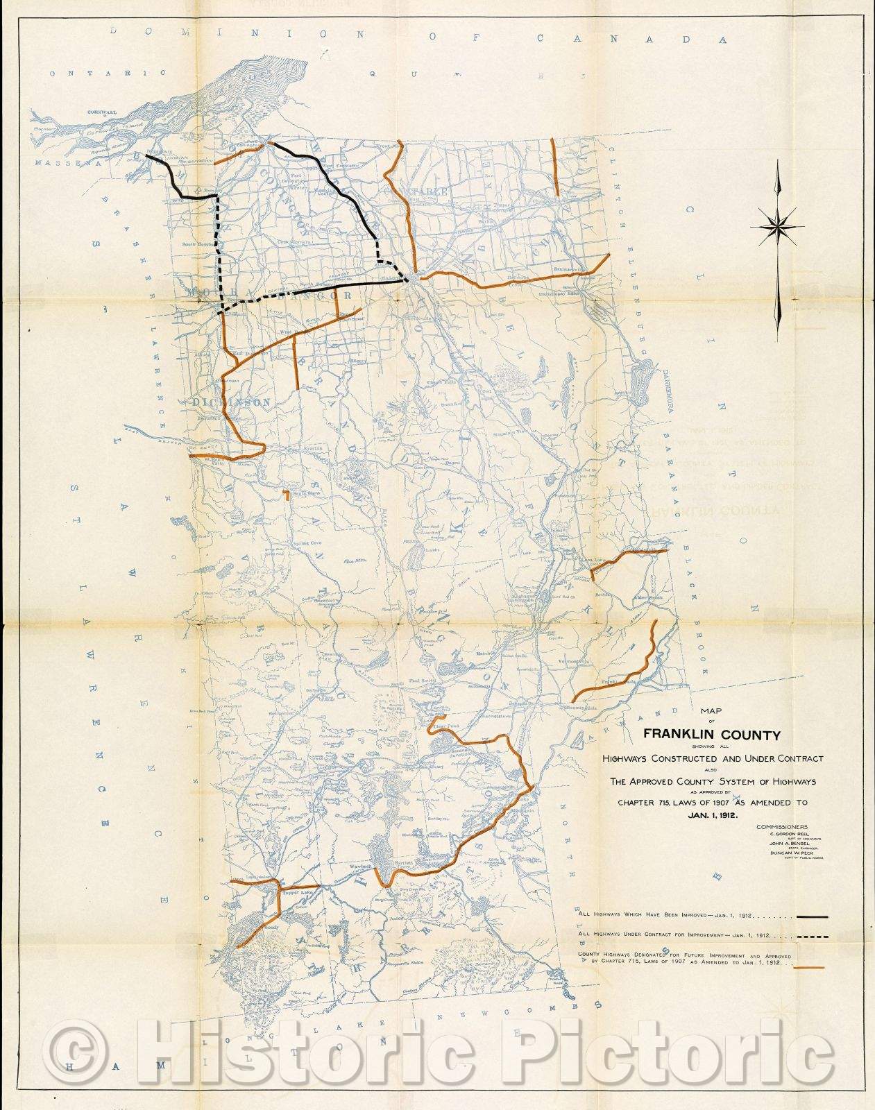 Historic Map : Map of Franklin County showing all highways constructed and under contract also the Approved County System of Highways as approved by Chapter 715, 1912 , Vintage Wall Art