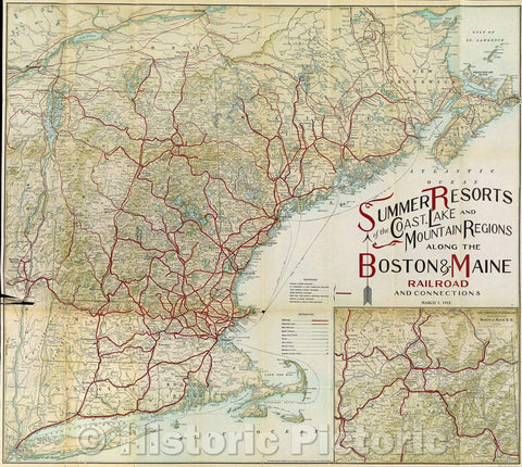 Historic Map : New England Vacation Resorts Seashore, Mountain and Lake Regions Descriptive A detailed list of Hotels and Boarding-Houses reached via the Boston, 1912 , Vintage Wall Art