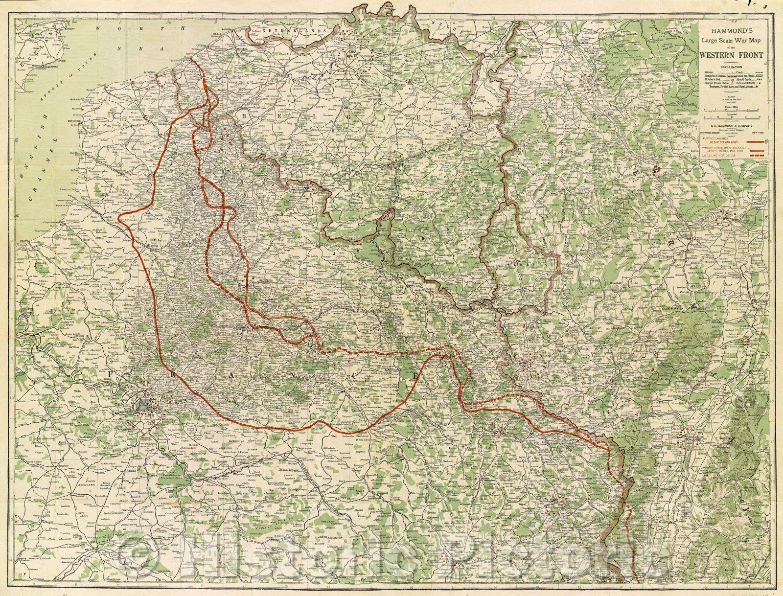 Historic Map : Hammond's Large Scale War Map of the Western Front, 1918 , Vintage Wall Art