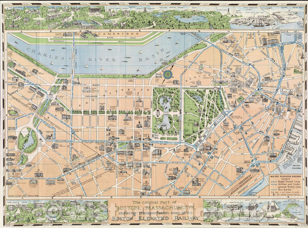 Historic Map : The Central Part of Boston, Massachusetts, showing transportation lines of the Boston Elevated Railway Richard F. Lufkin, general draftsman, 1930 , Vintage Wall Art