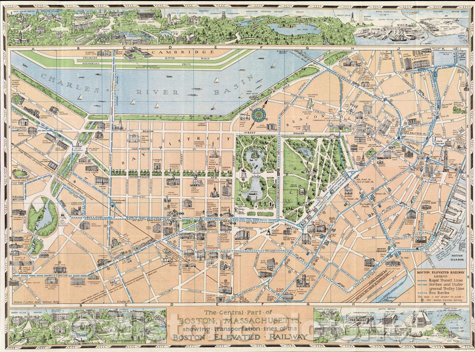 Historic Map : The Central Part of Boston, Massachusetts, showing transportation lines of the Boston Elevated Railway Richard F. Lufkin, general draftsman, 1930 , Vintage Wall Art