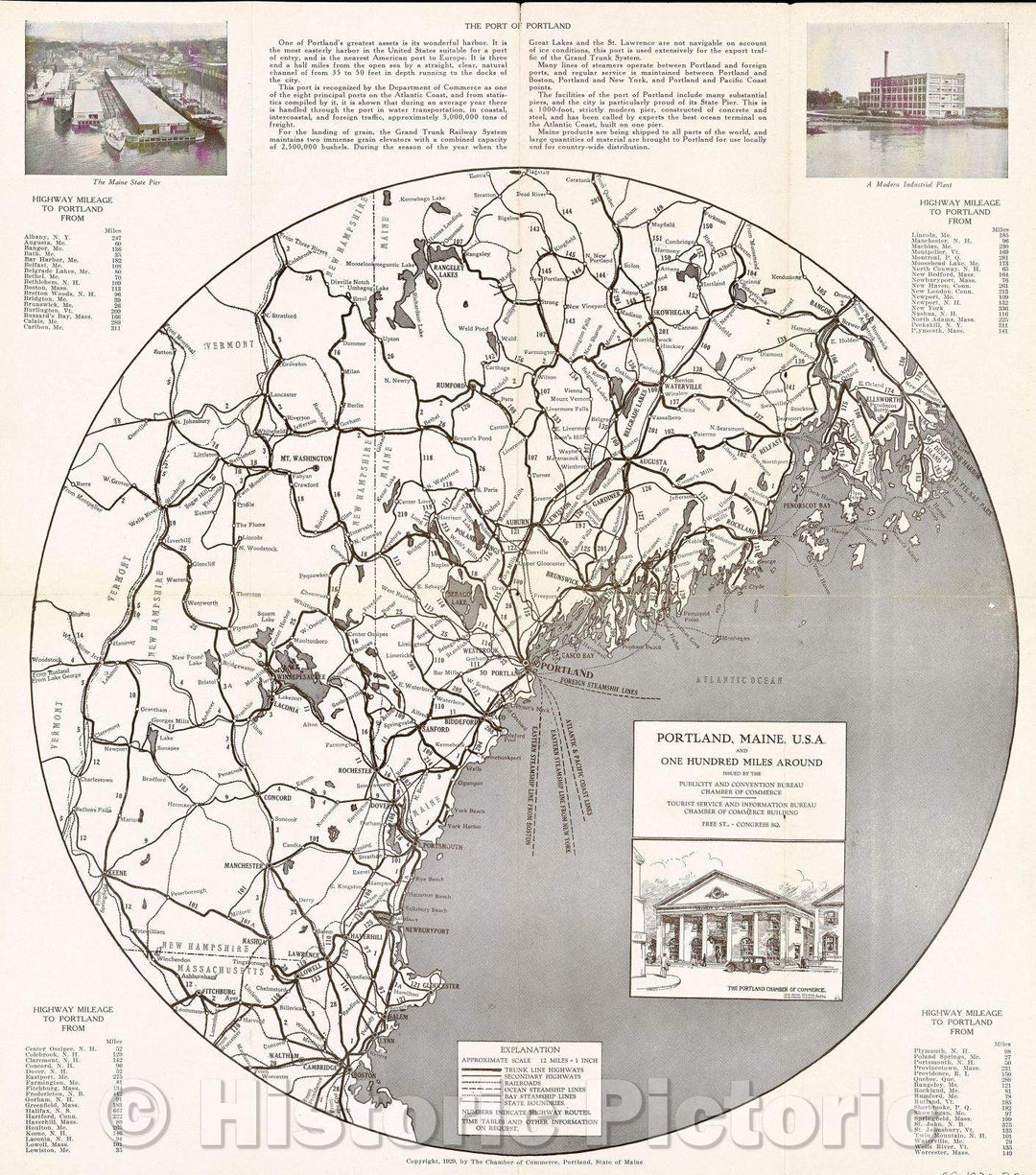 Historic Map : Portland Maine U.S.A. and One Hundred Miles Around Issued by the Publicity and Convention Bureau Chamber of Commerce, c. 1930 , Vintage Wall Art