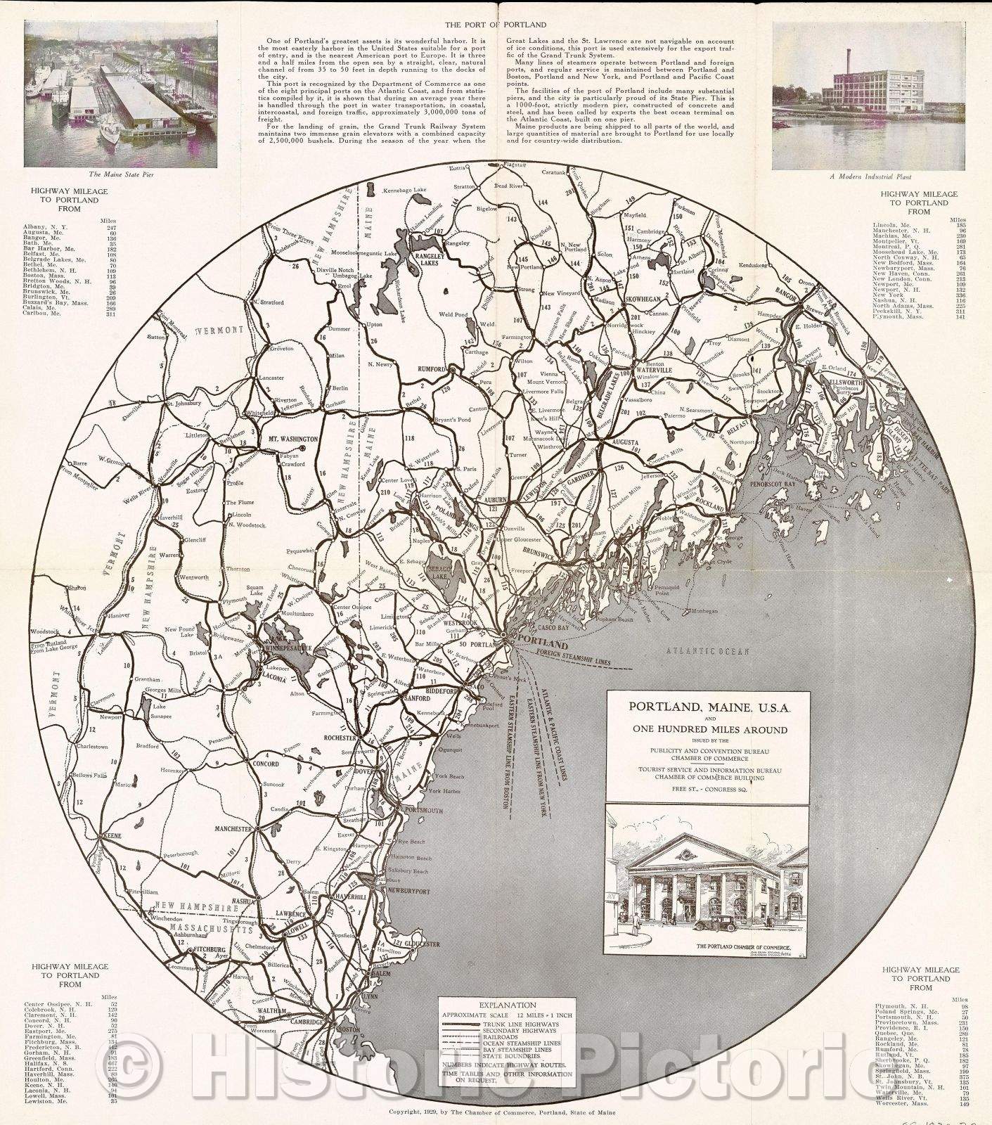 Historic Map : Portland Maine U.S.A. and One Hundred Miles Around Issued by the Publicity and Convention Bureau Chamber of Commerce, c. 1930 , Vintage Wall Art