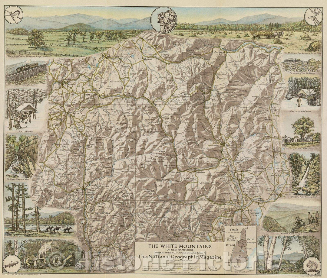 Historic Map : The White Mountains of New Hampshire Done in the studios of The National Geographic Society for The National Geographic Magazine, 1937 , Vintage Wall Art