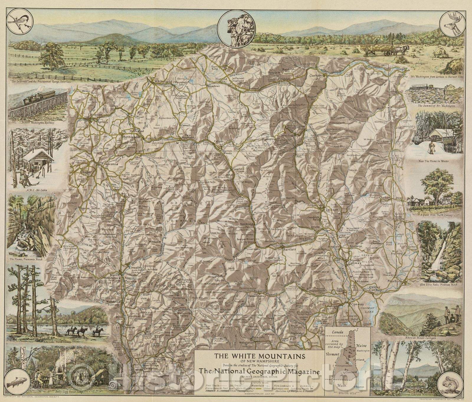 Historic Map : The White Mountains of New Hampshire Done in the studios of The National Geographic Society for The National Geographic Magazine, 1937 , Vintage Wall Art