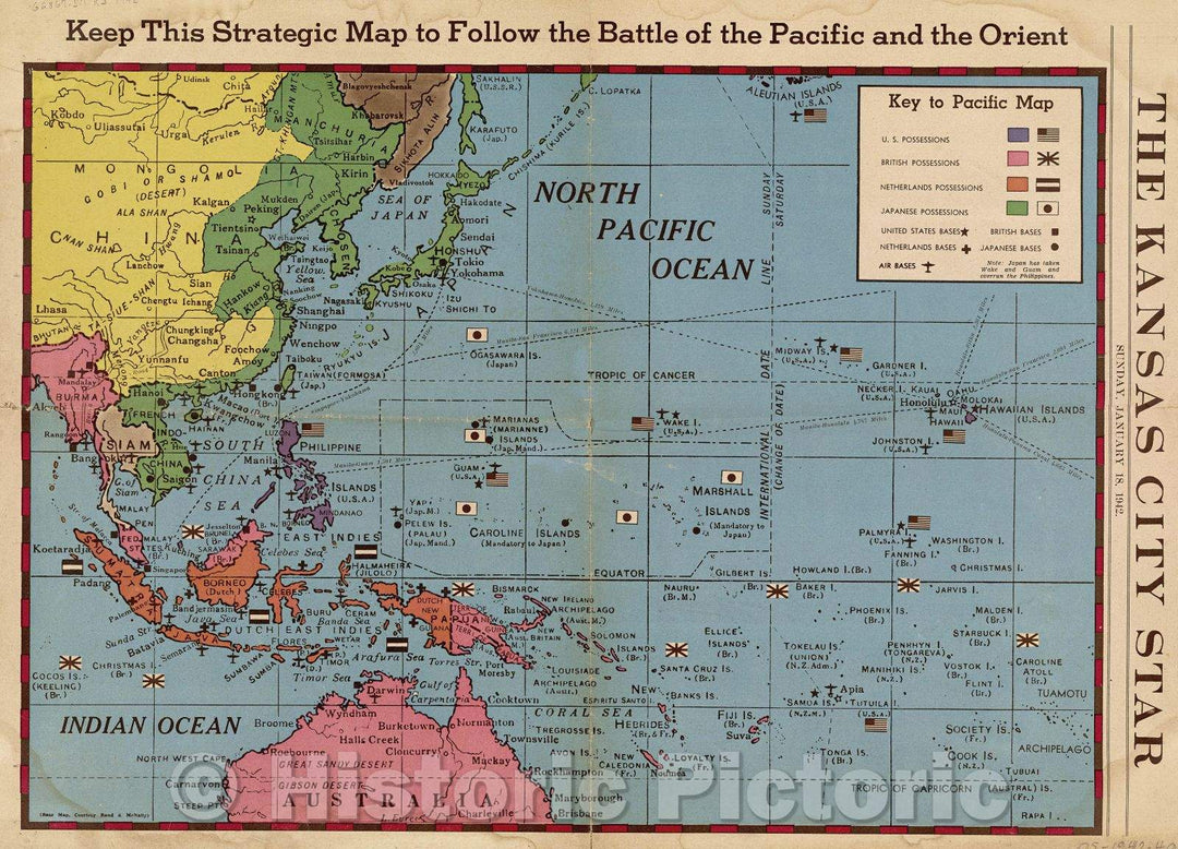 Historic Map : Keep This Strategic Map to Follow the Battle of the Pacific and the Orient, 1942 , Vintage Wall Art