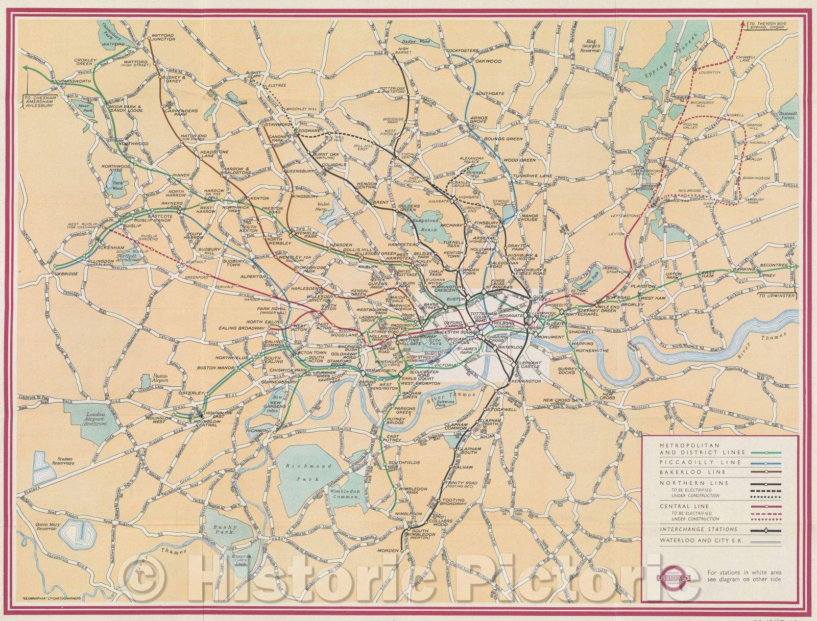 Historic Map : Underground Map and Some Places of Interest - Issued Free No. 1, 1947 London Passenger Transport Board 55 Broadway, S.W.I. Abbey 1234, c. 1947 , Vintage Wall Art