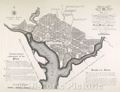 Historic Map : Plan of the City of Washington in the Territory of Columbia, ceded by the States of Virginia and Maryland to the United States of America, 1792 , Vintage Wall Art