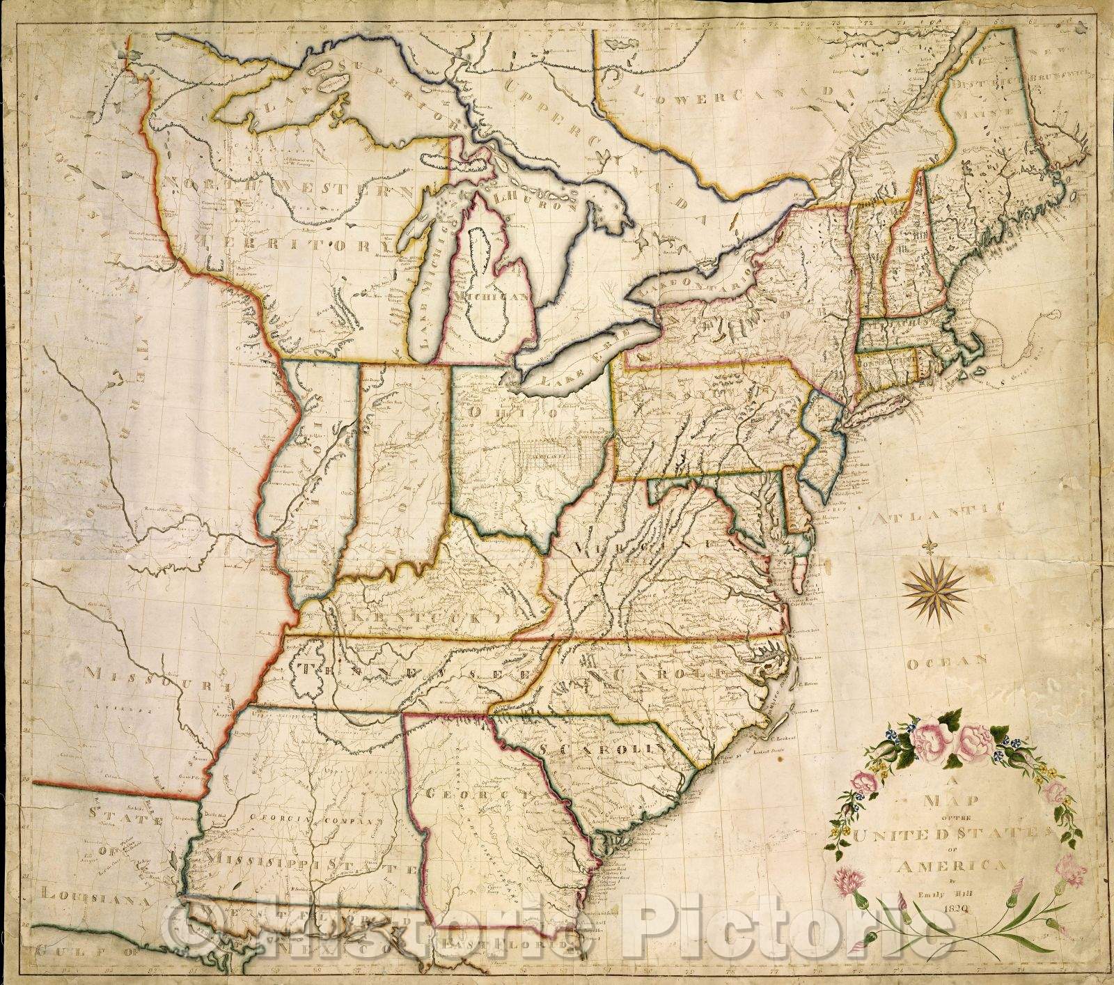 Historic Map : A Map of the United States of America by Emily Hill 1820, 1820 , Vintage Wall Art